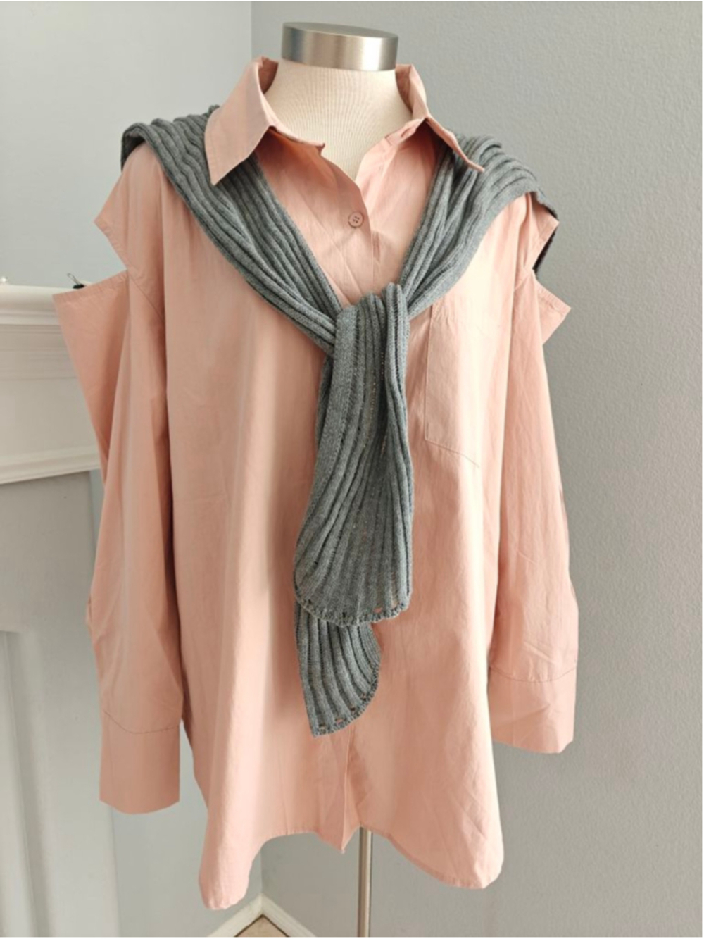 Blush Pink Cotton Shirt + Knit Scarf Set